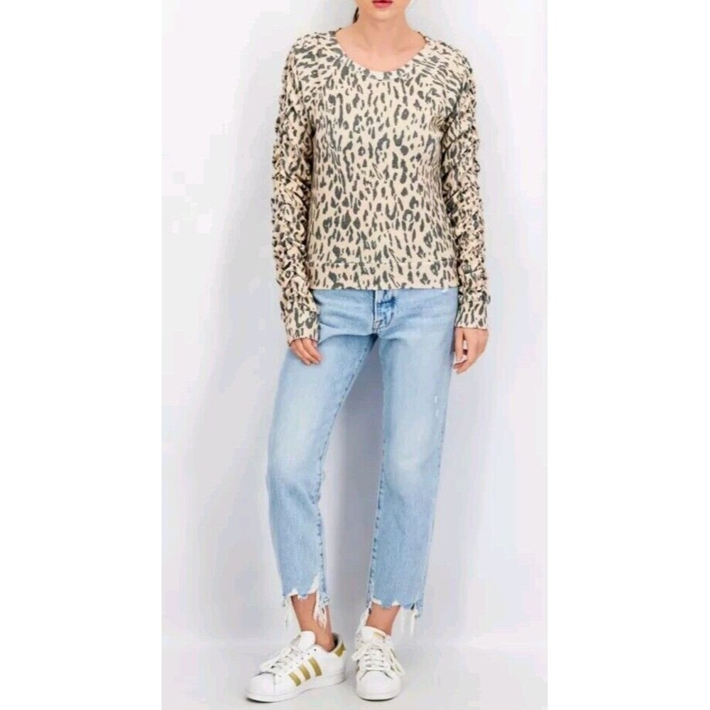 NEW Chaser Cheetah Print Ribbed Shirt Womens MED Pink Ruched Long Sleeve Soft